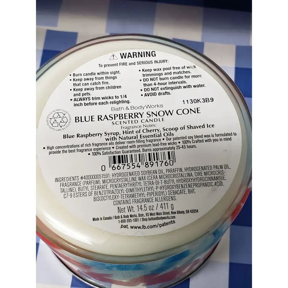BBW Blue Raspberry Snow Cone Large 3 Wick Candle Home Fragrance Decor - Picture 2 of 2